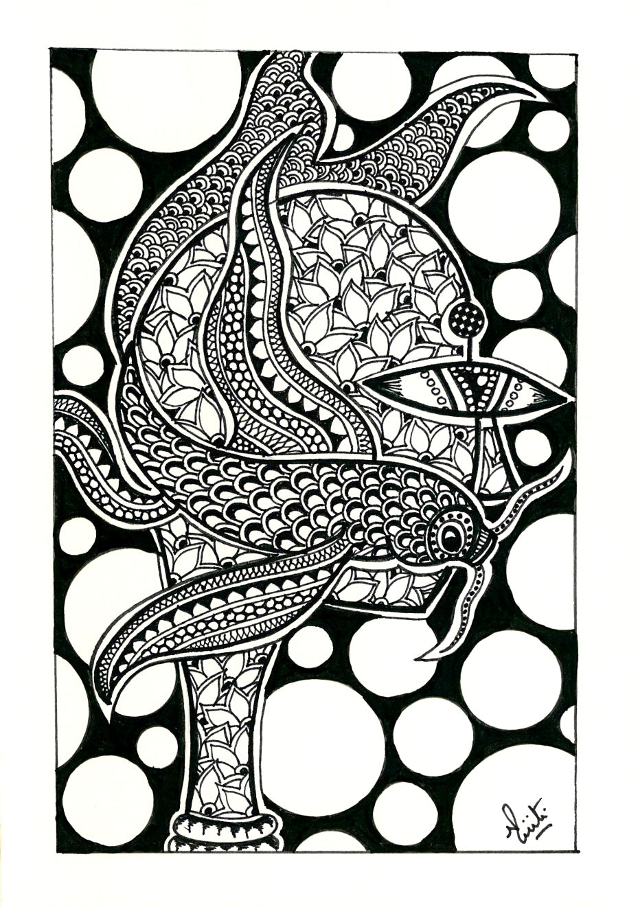 The Swimmer of Dreams | Mythical Fish Zentangle Ink Drawing