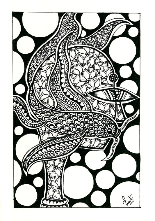 The Swimmer of Dreams | Mythical Fish Zentangle Ink Drawing